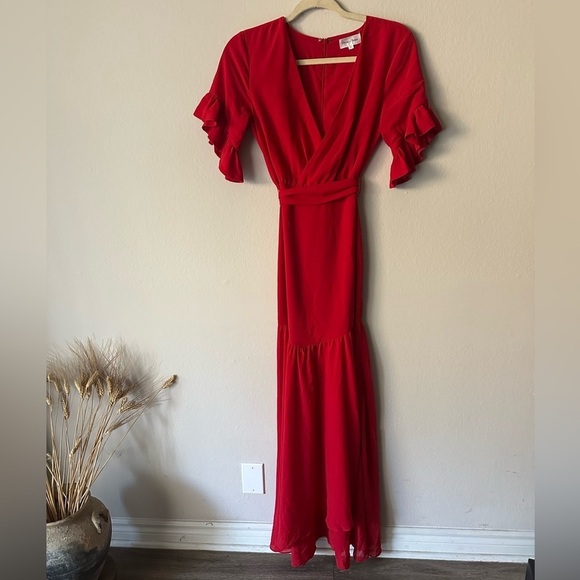 Privacy Please X Revolve Red Ruffle Sleeve V-neck Belted Maxi Dress Holiday XS - Picture 4 of 14
